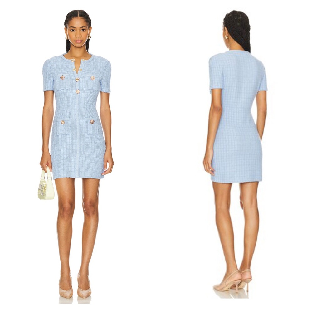NWT Self-Portrait Blue Embellished Gold Button Knit Mini Dress Sz Large - Picture 2 of 10